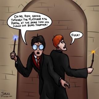 Harry Potter and Ron Weasley got their butts stuck together ~ art by Sauce
