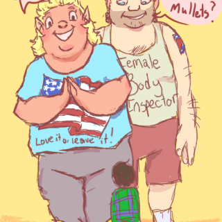 a mullet couple is lookng for a lesbian ~ art by Positronic